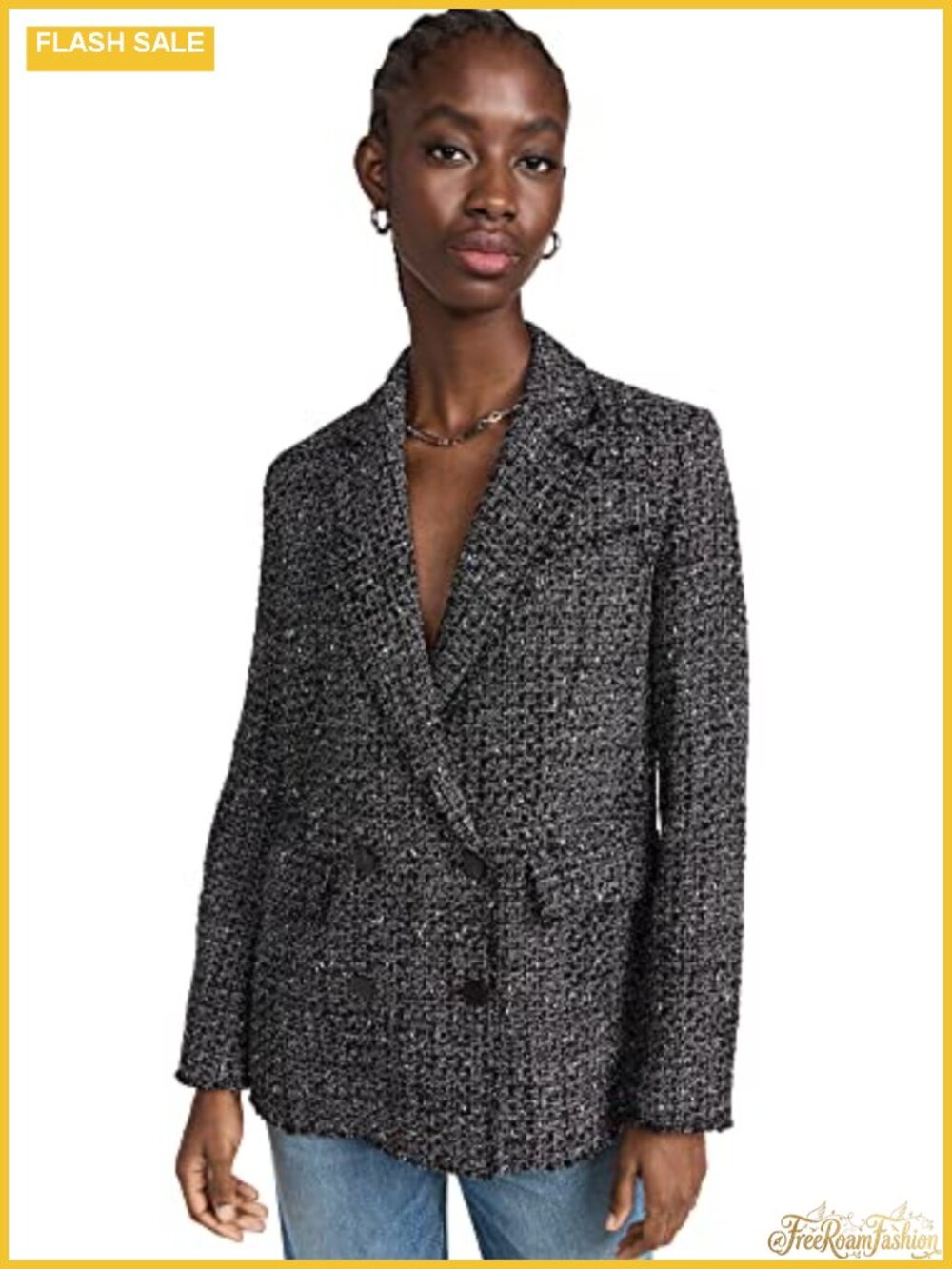 Straight-Cut Double-Breasted Tweed Blazer Long Sleeve Notch Lapel Flap Pockets